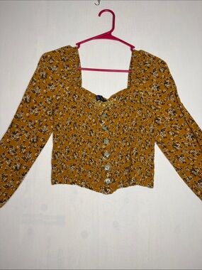 American Eagle Outfitters Mustard Floral Button-Front Smocked Top